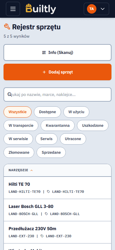 Prawdziwy mobilny widok aplikacji Builtly: Moja budowa